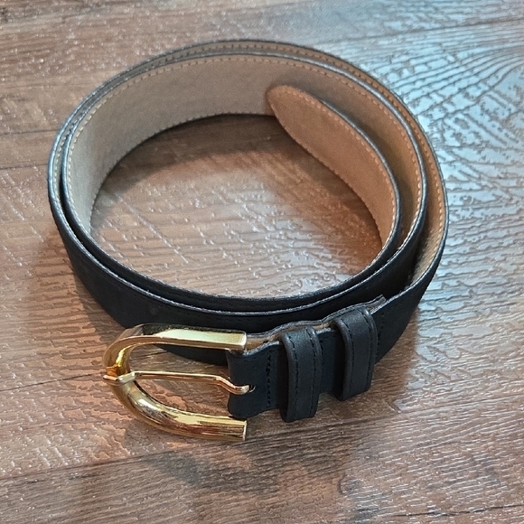Ellen Tracy Black Italian Sueded Calf Skin Belt With Gold Buckle Women's Large - Picture 1 of 9